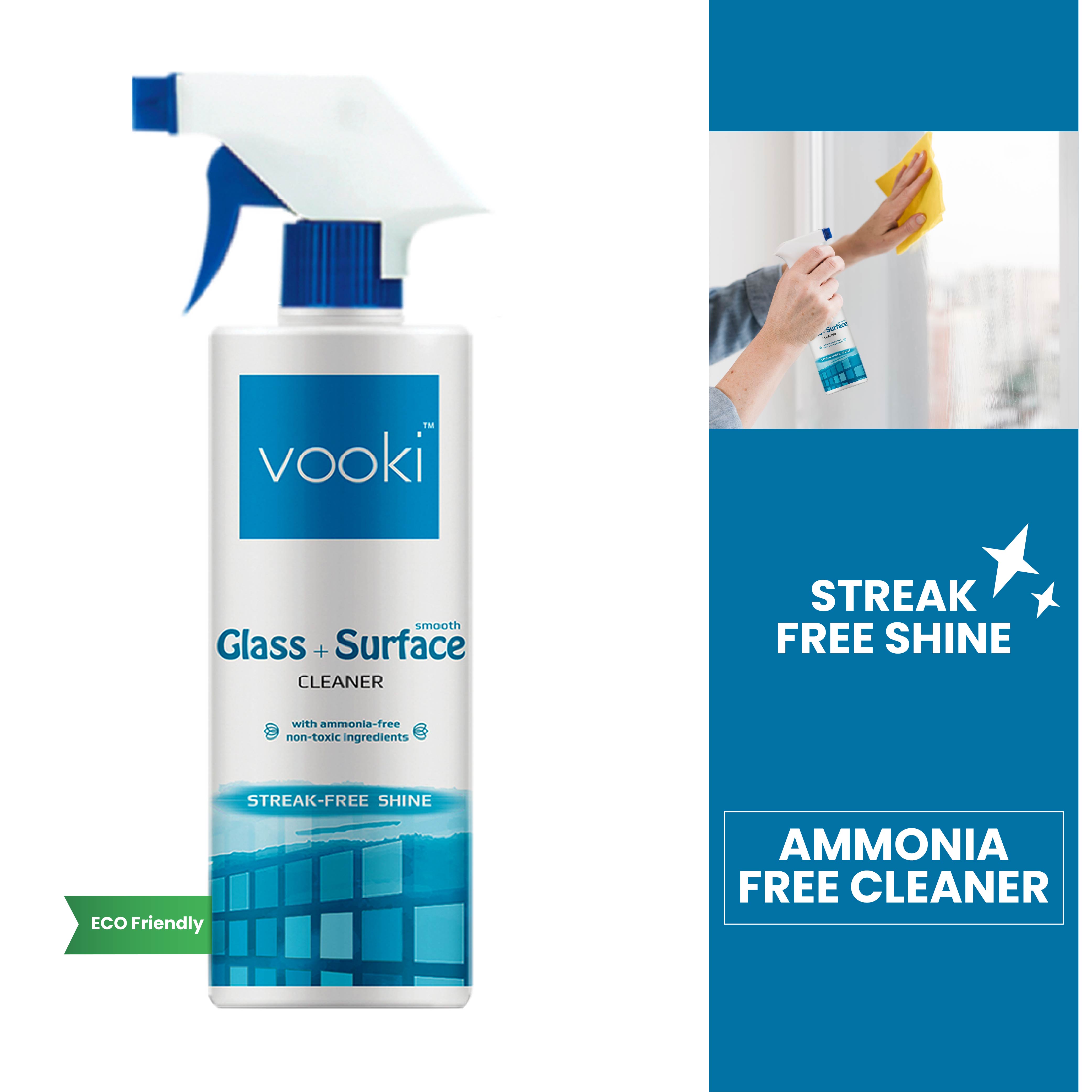 A bottle of ammonia-free cleaner for glass surfaces, providing a streak-free shine and effective cleaning power.