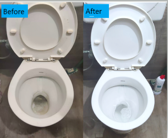A toilet before and after cleaning: The first image shows a dirty toilet, while the second image reveals a sparkling clean toilet bowl.