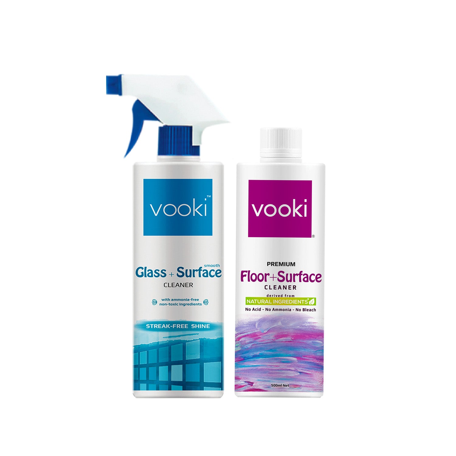 An image showcasing two bottles of vooki  glass cleaner and floor cleaner with a white background