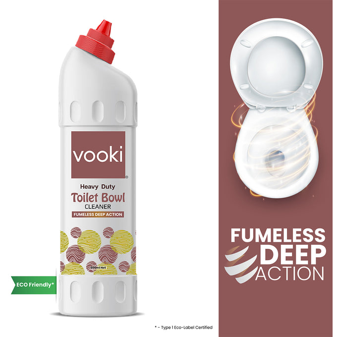 A bottle of vooki toilet bowl cleaner: Effectively cleans and disinfects toilets. Removes tough stains.