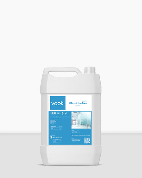 An image of a gallon-sized container filled with specialized cleaning solution for glass surfaces.