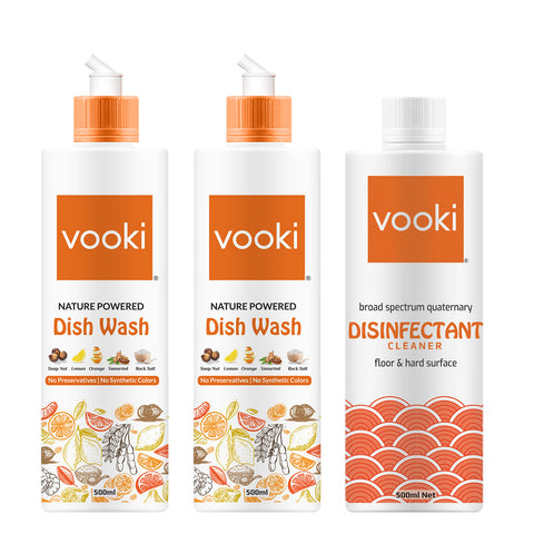 a bottle of cleaning solution for washing dishes, with the brand name "vooki" prominently displayed