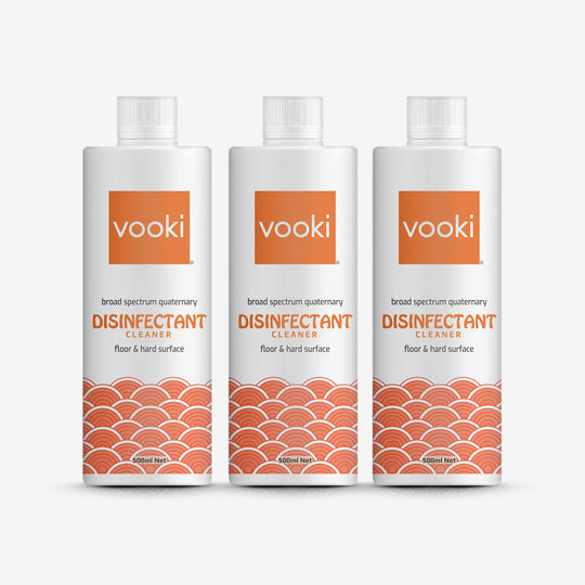 A picture of vooki disinfectant bottles, an ideal choice for floor cleaning and hard surface cleaning.