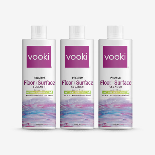 An image of three bottles of vooki floor+surface cleaner-best cleaning solution for maintaining shiny floors.