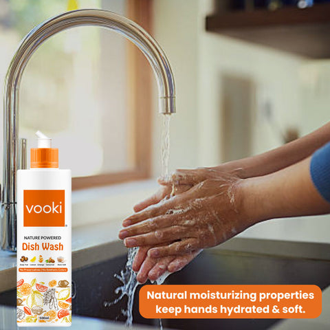 vooki's natural dish wash properties leave hands feeling soft and supple