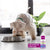 An image of a dog enjoying its meal from a bowl, accompanied by a bottle of vooki floor+surface cleaner.