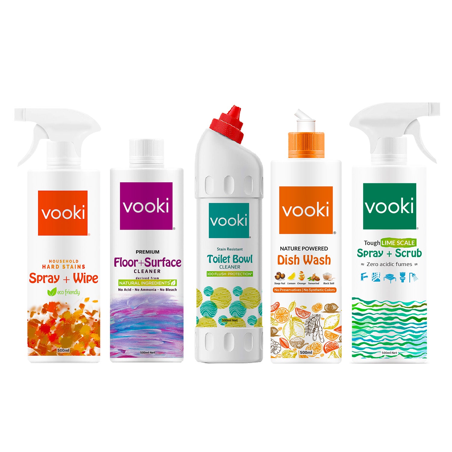 five different vooki home-care products: effective and eco-friendly cleaning solutions for your home.