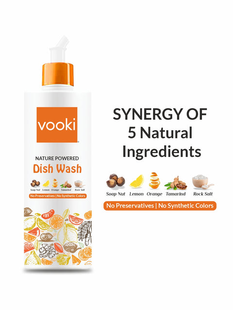 An image of vooki dish wash: a blend of 5 natural ingredients for effective cleaning