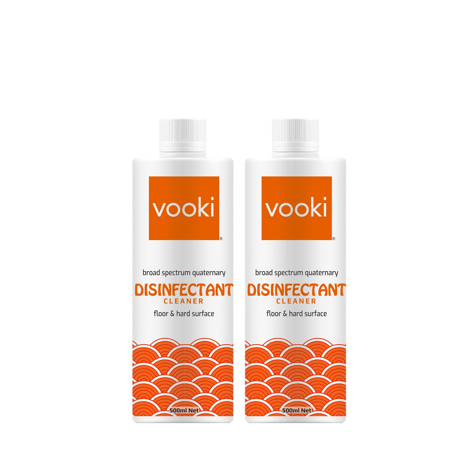 Two 500ml bottles of vooki disinfectant cleaner are displayed in the image, offering a reliable solution for sanitizing surfaces.
