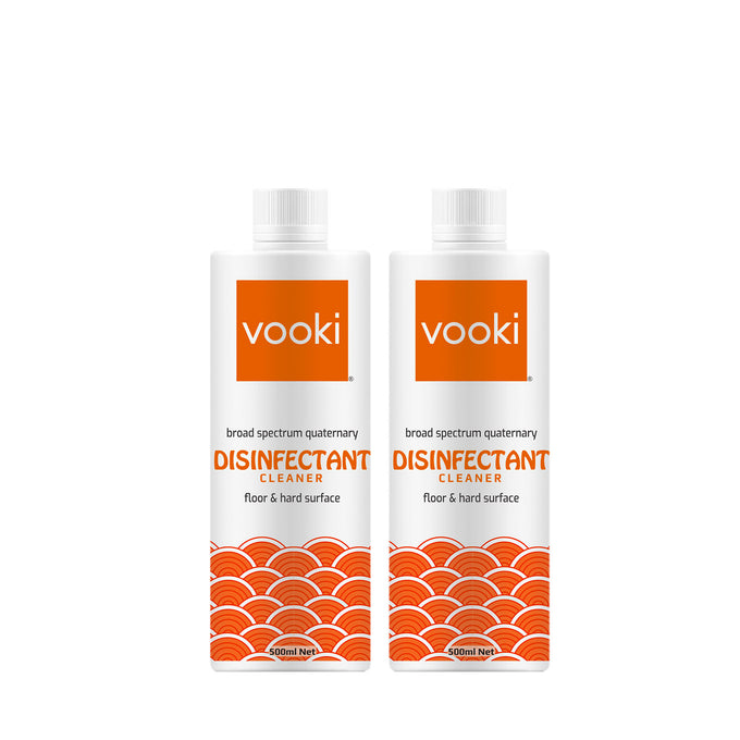 Two 500ml bottles of vooki disinfectant cleaner are displayed in the image, offering a reliable solution for sanitizing surfaces.