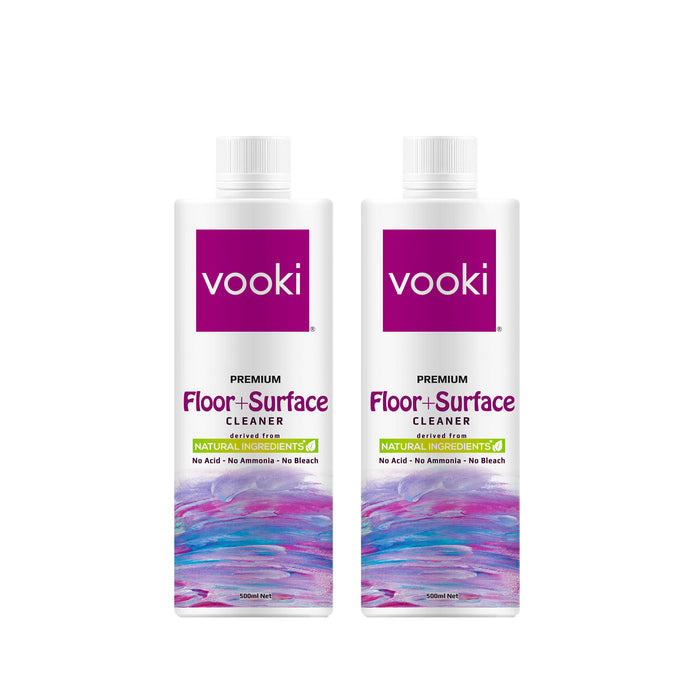 Image of two vooki floor surface cleaner bottles, a reliable solution for maintaining and protecting your floors.