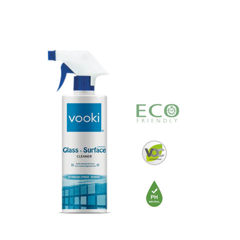 vooki glass cleaner-a bottle of transparent liquid for streak-free cleaning of glass surfaces.