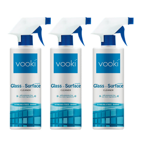 An image of three bottles of vooki glass cleaner-efficient glass and service cleaning spray-the perfect choice for a spotless shine.