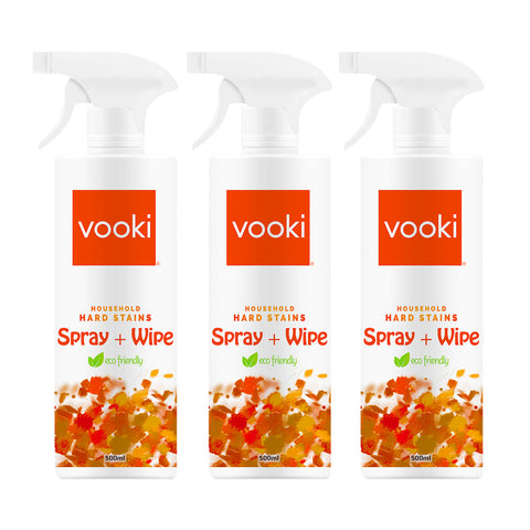 Image of three 500ml bottles of vooki spray and wipe bottles.