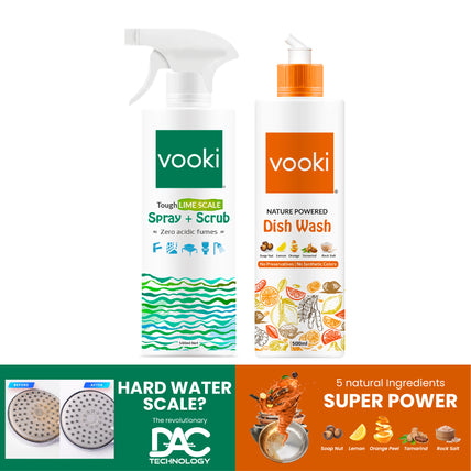 vooki hard water scale remover and dish washer with super power in a bottle. A picture of a vooki hard water bottle with a lightning bolt logo.