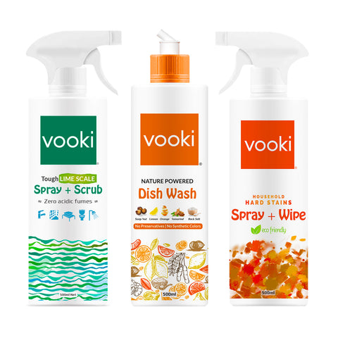 A picture showcasing that three bottles of vooki products with white background