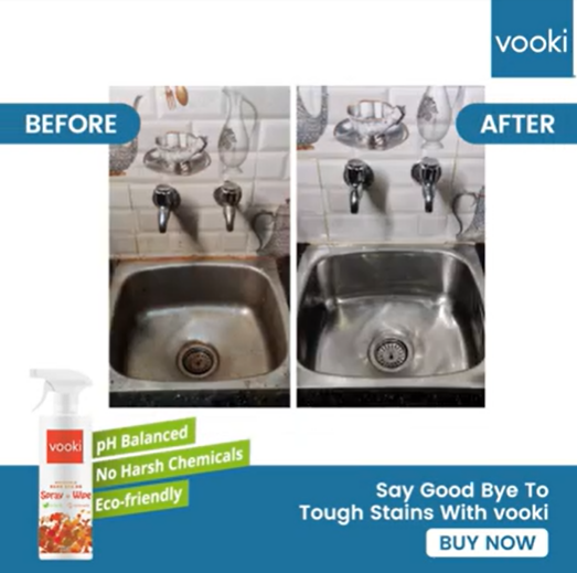 An image showcasing that two different sink with vooki hard stains spray+wipe bottle